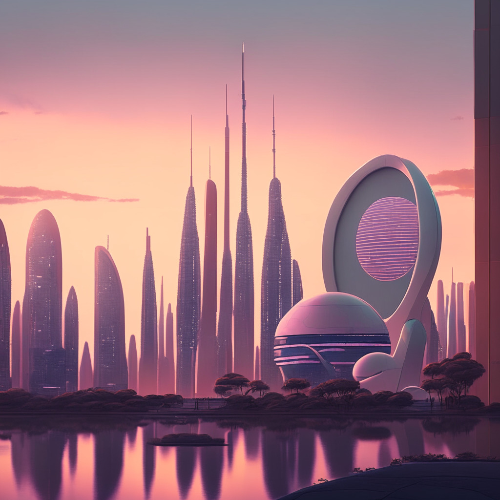 A futuristic Australian cityscape under soft, pastel dusk light, showcasing a blend of traditional and ‘smart’ buildings design. In the distance, a large digital coin symbolizes a digital central bank digital currency, slightly opaque, reflecting the country's tentative exploration. Scene filled with air of anticipation, curiosity, blended with hues of caution.