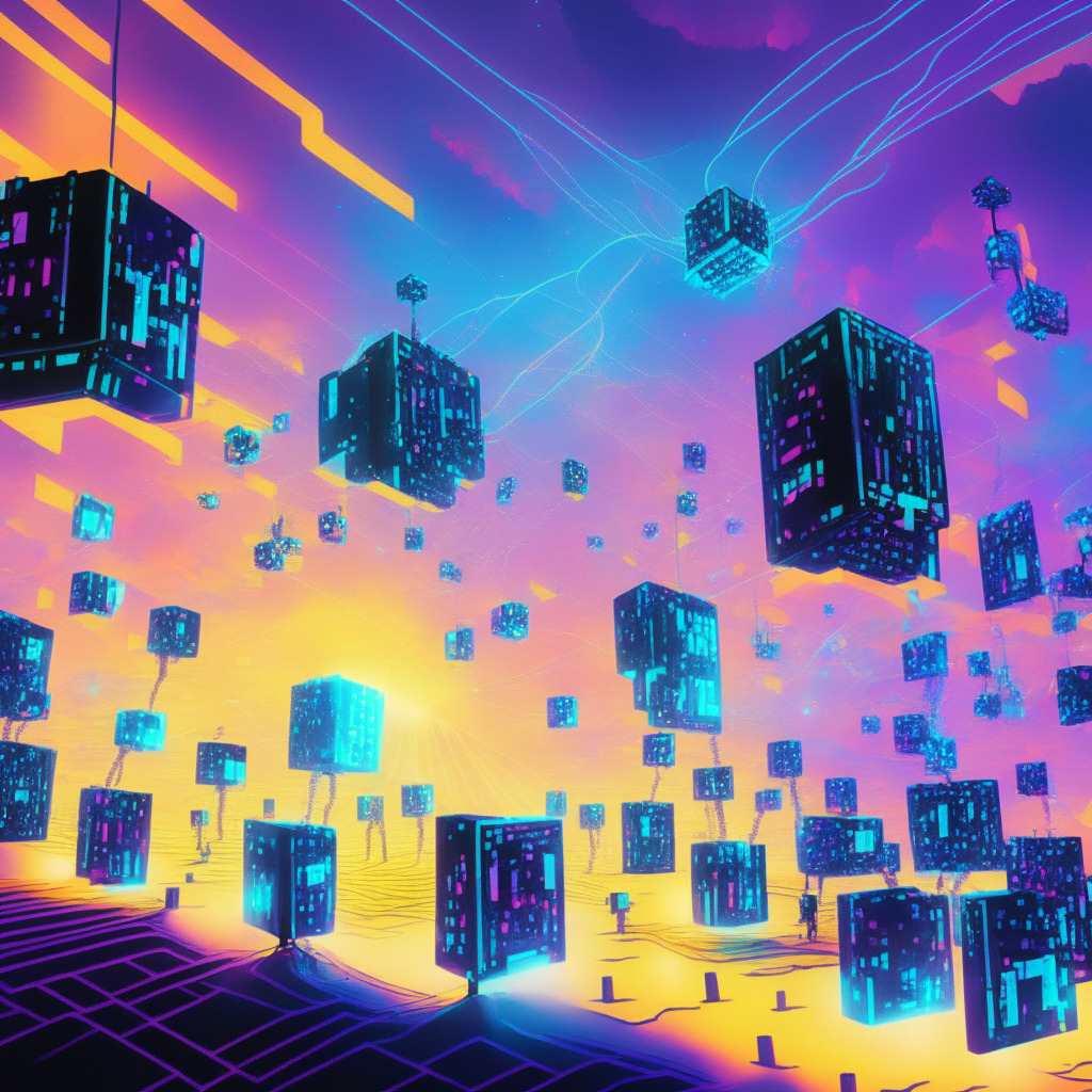 A futuristic digital landscape representing the BNB Chain's Plato and Hertz upgrades, daytime setting with technicolor skies. Foreground depicts shiny, interconnected blocks symbolizing blockchain, each releasing a bright beacon of light symbolizing finality and security. Validators are pictured as robotic entities, dotted throughout, casting votes into the network using their translucent laser keys, each vote materializing as shining orbs. Background depicts a majestic pulsating supercomputer, the symbol of the EVM, radiating with updates from Ethereum's latest developments. The artwork echoes futurism and cubism artistic style, creating an energetic yet sharp mood and presenting a visual metaphor of the resilience and growth of the blockchain universe.