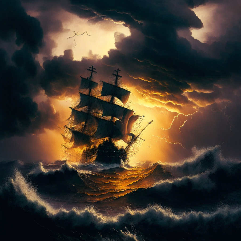 Sunset over a turbulent sea, a ship symbolizing Binance wrestling against towering waves, BNB coins plummeting from its sides. In the background, a looming, ominously lit thundercloud takes the shape of a courthouse, hinting at regulatory turbulence. Overall, the image possesses a Rembrandt-like chiaroscuro aesthetic, evoking a moody, stormy atmosphere fraught with uncertainty and strain.