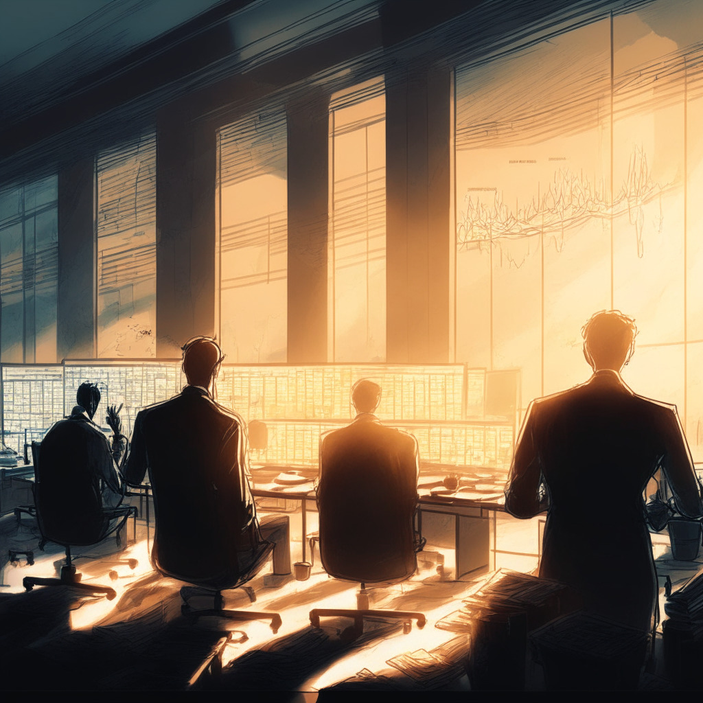 Early morning trading room filled with cryptocurrency traders studying data graphs, anticipation in the air. The room is bathed in the soft light of dawn, creating a serene yet intense atmosphere. A masterfully sketched tribute to the Bitcoin stability despite market predictions, the fluctuations neatly visualized on a large, holographic 200-day EMA. Display of different opinions on expectations, subtly represented as contrasting colors on traders' faces.