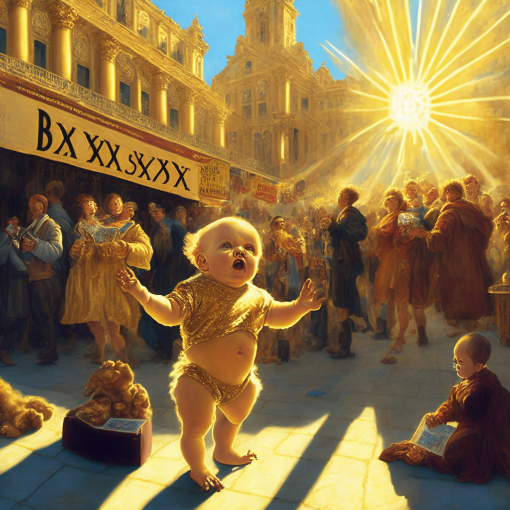 A digital Renaissance-style painting set in a bustling market square under a golden morning light, illustrating two rival merchants: 'BabyX' and 'Wall Street Memes'. BabyX, symbolized by an infant dressed in radiant celestial clothing, sparkles with a risky, volatile aura, drawing enthusiastic, awe-struck traders with unbelievable gains. Wall Street Memes, represented by a symbolic bull wearing a jesters hat, stands tall attracting a diverse crowd with promises of steady, democratic rewards, amidst a backdrop of an anti-establishment banner. The atmosphere is tense, indicating the high-stakes competition shaping the future of meme coins.