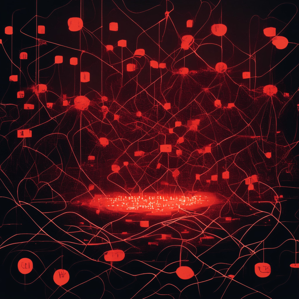 A system of networks representing the decentralized crypto trading space, set in a dark, dramatic landscape that's illuminated by one strong source signifying the precarious situation. Blurred figures symbolize millions of dollars at risk, manually pausing parts of the network to protect it. Suspended, swirling pools in shades of danger red, as tokens retreat. A gathering storm in the backdrop, spotlight on the lone figure ensuring partners are informed, standing tall amidst the chaos, ensuring no funds have been stolen. Light touches of optimism sprinkled throughout symbolizing hopeful strategy.