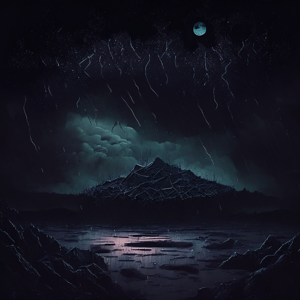 An overcast night sky, illuminated only by the eerie glow from the cracks of a shattering Ethereum coin. Below, a treacherous landscape representing a decentralized finance protocol, dotted with at-risk, vulnerable pools. The overall tone is dark, ominous, imbued with a sense of looming danger. Artistic style to reflect a digital, blockchain-inspired aesthetic, emphasizing encrypted elements and data-inspired textures.