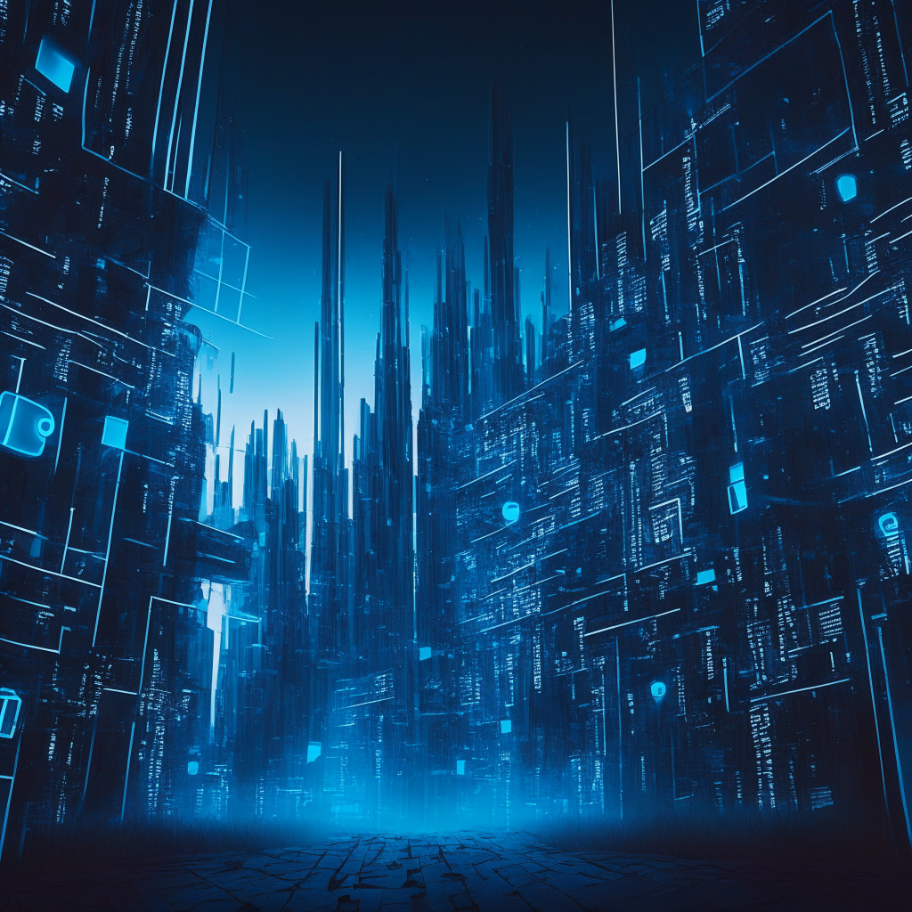 A futuristic cityscape under a twilight sky, where architectural elements subtly mirror blockchain nodes, A central emblem represents a strategic alliance, A flow of data, glowing cryptic numbers & geometric symbols represent the Web3 ecosystem, The mood is hopeful but tense, with cold blue ethereal light casting long shadows, hints of cybercrime illustrated as dark alleyways or encoded graffiti.