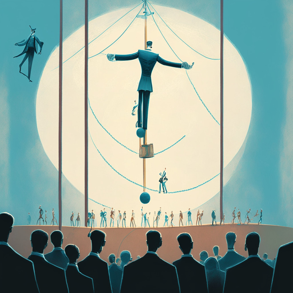 Digital painting of a balancing act scene, daylight setting with soft, cool hues. An intricate circus tightrope walker represents the crypto world, balancing two spheres, one symbolizing security, another, accessibility. In the audience, silhouettes of individuals and government entities observe carefully, signifying regulation efforts. Faint uneasiness and anticipation permeate the scene.