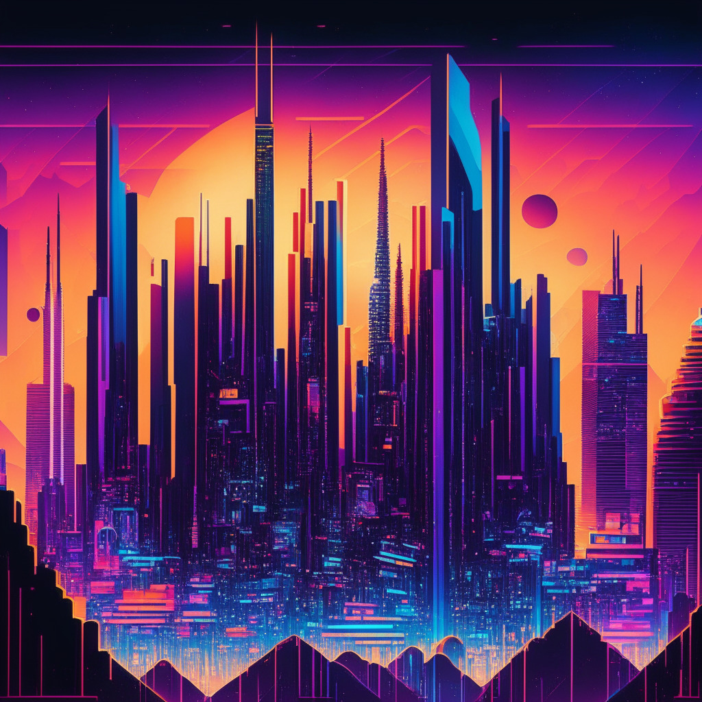 A futuristic cityscape showcasing an intricate, balanced scale. One side signifies prospects, glowing with vibrant, positive colors and complex patterns symbolising blockchain's transparency, potential industrial reinvention, and decentralized power. On the contrary, the other scale distinctly represents challenges, filled with cryptic symbols indicating market volatility, difficult correction procedures and regulatory complexities. The backdrop reflects a twilight setting, indicating an era of change, uncertainty, rendered in a semi-abstract, cubist style, creating a thoughtful, anticipatory mood.