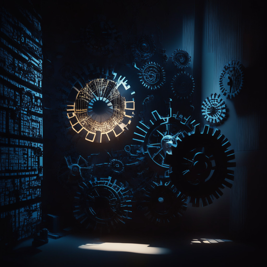 An abstract scene juxtaposing clandestine digital activities with innovation, styled in a chiaroscuro technique, capturing the tension in blockchain regulation. A corner shrouded in shadow symbolizes illicit activities, with ghostly, digital, encrypted code floating ominously. The spotlight, however, shines on a vibrant, kinetic assembly of gears and cogs, to represent innovation and potential, in a cool, serene palette, creating a contrast in mood. An overbearing scale, carefully balanced between the two, stresses the fine line between security and progress.