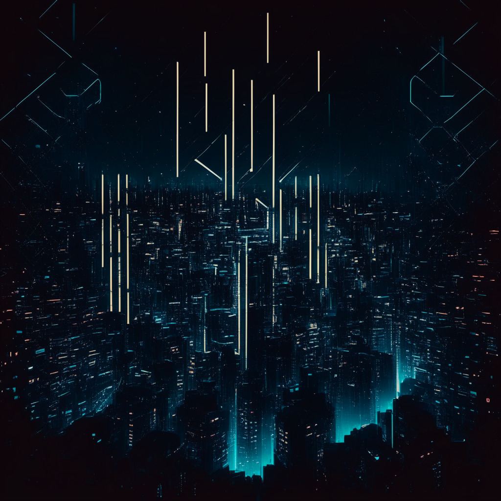 A futuristic cityscape at night, filled with crisscrossing digital lines representing blockchain technology. An antivirus shield symbol, subtly glowing, represents the De.Fi's security tool floating above the network. Dark atmosphere, with hidden threats symbolized by shadowy figures, conveys the underlying risk. Artistic style inspired by cyberpunk, emphasizing the contrast between illumination and shadows. Overall tone: tense yet hopeful.