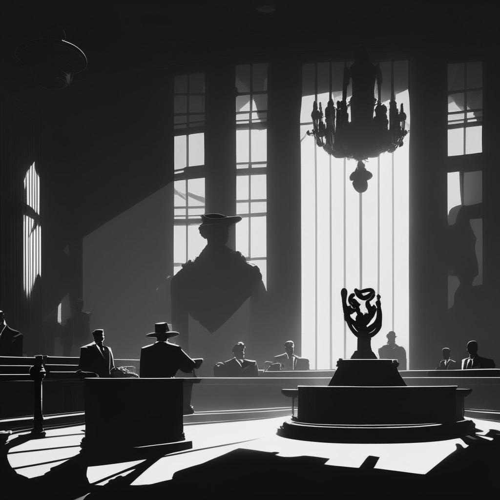 A courtroom highlighting the collision of justice and First Amendment rights, depicted in an elegant noir style symbolic of an ongoing legal drama. Focus on two figures, an assertive journalist representing public interest and a restrained defendant. Subtle hues cast long shadows, reinforcing the chasm between public curiosity and fair trial. Set against a backdrop of complex digital currencies, creating a mood of intrigue, anticipation and uncertainty.
