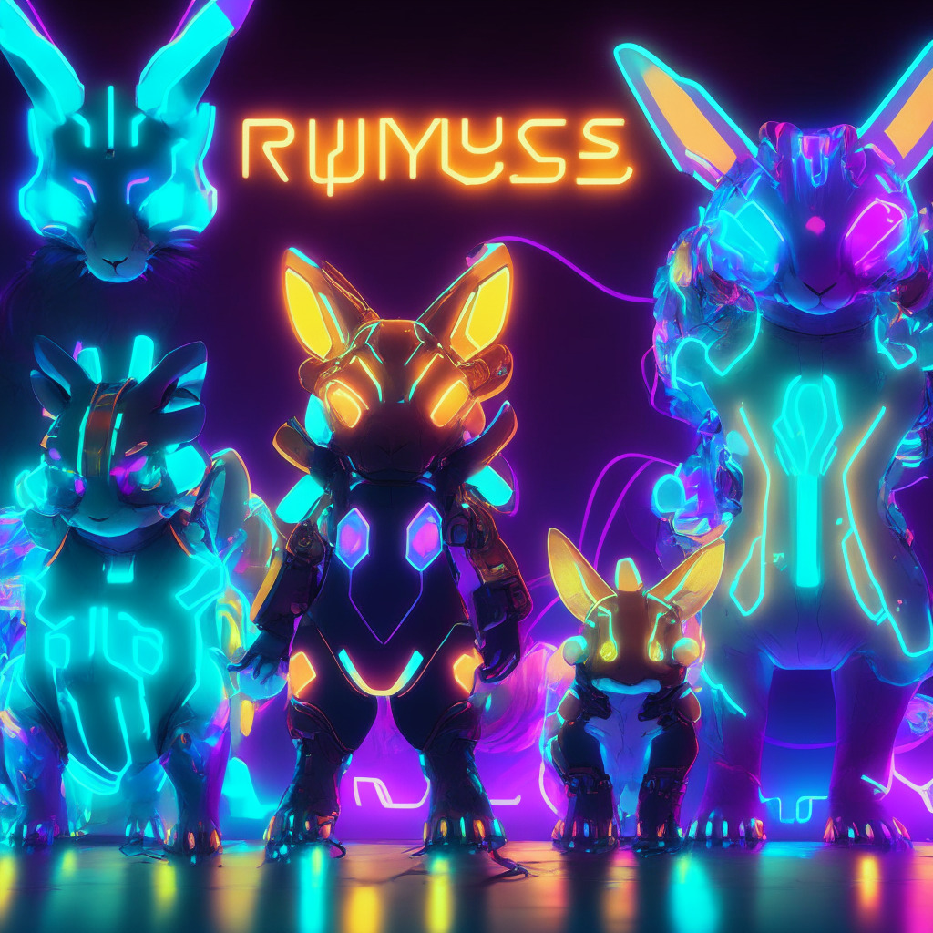 Futuristic digital pet creatures (RYUs) with vibrant textures, set amidst a neon-lit blockchain network. Gamer hands interact with the network and RYUs, adding an immersion and connection touch. Conjuring a dynamic, captivating mood with an anime-inspired art style, reflective of Bandai Namco's heritage. The scene imbued with the glow of innovation, revolutionizing the gaming landscape.