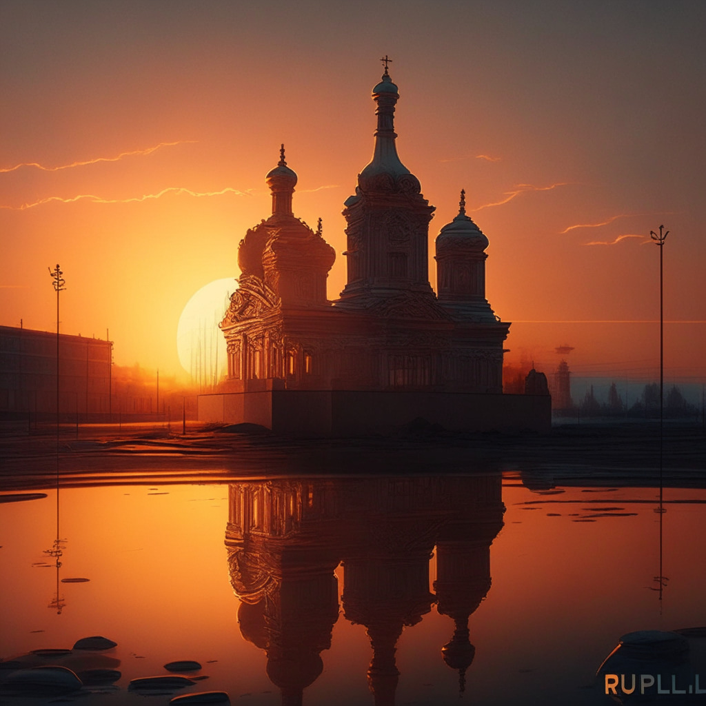 Digital Ruble against a backdrop of traditional Russian architecture, bathed in dramatic sunset light that casts long, introspective shadows. The Ruble adopts an ethereal, glowing form, symbolizing it's new 'high-quality liquid asset' status. The mood is both revolutionary, breaking from the norm, and uncertain, hinting at mixed responses from banks.