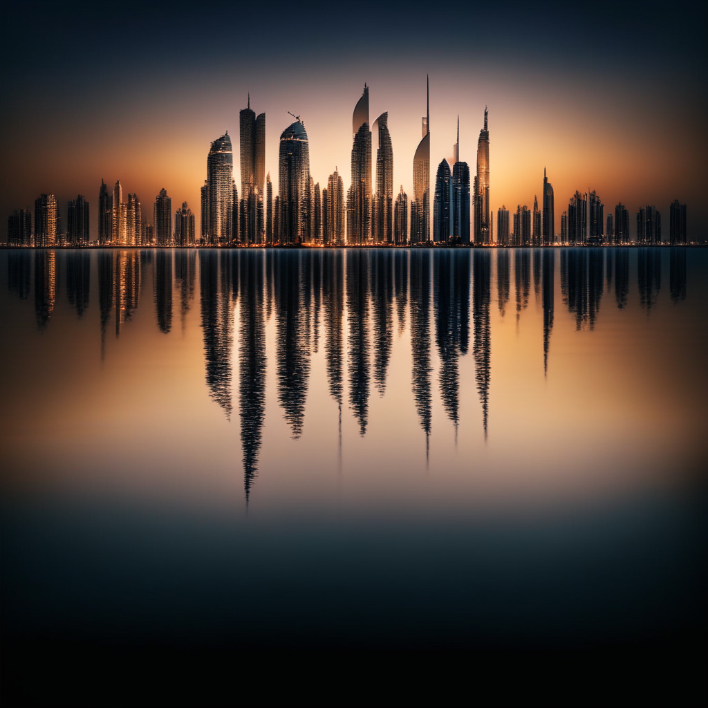 Twilight setting over a vibrant Dubai skyline, modern high-rises reflected in an undisturbed gulf, tension palpable in the air. Foregrounded, an emblematic representation of a crypto exchange, tarnished yet resilient, stands in solace, projecting an aura of forlorn hope. Cast in Rembrandt-style chiaroscuro, picture encompasses the precarious balance between financial stability, volatility and the looming question mark of reliability.