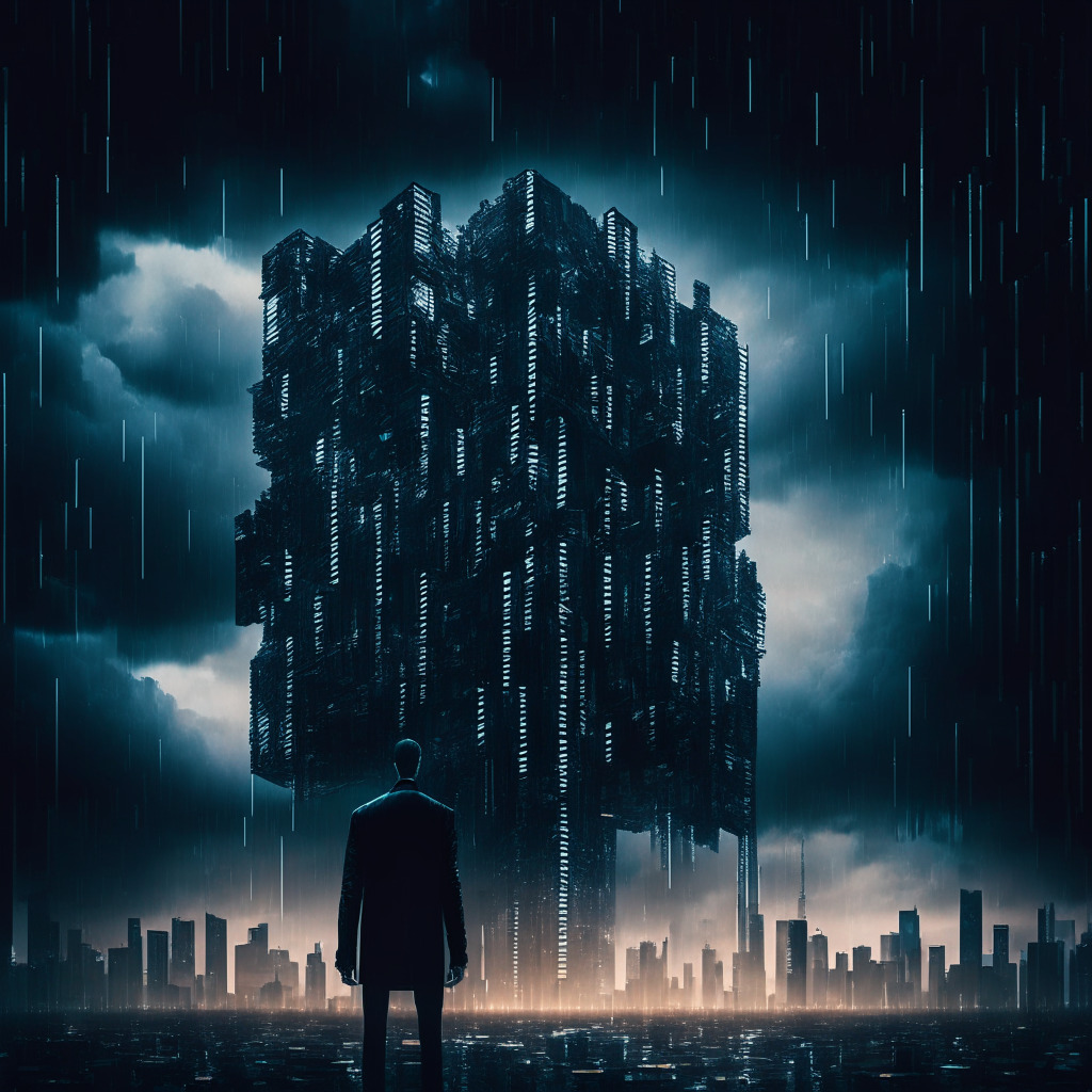 Dystopian cityscape under an ominous twilight sky with a storm looming, tall skyscrapers made of digital cubes looming above, symbolising menacing crypto assets. Middle of the frame, a complex maze-like structure, symbolising the financial turmoil. Foreground, a dimly lit, worried person, symbolising the troubled FTX, cautiously navigating the chaos.