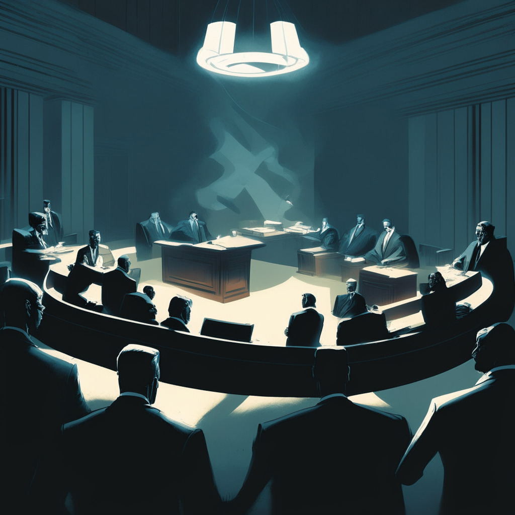 A visually striking courtroom scene, emphasizing the tension and uncertainty, lit by diffused, cold light suggesting unease. Figures representing three creditor groups, Gemini, Fair Deal Group, and Ad Hoc Group form a tug of war with Genesis on the other side, hinting at a bankruptcy argument. In the background, a faint timer running out subtly communicates urgency and added pressure. Artistic style reminiscent of a dramatic, Baroque painting, full of emotion and intensity.