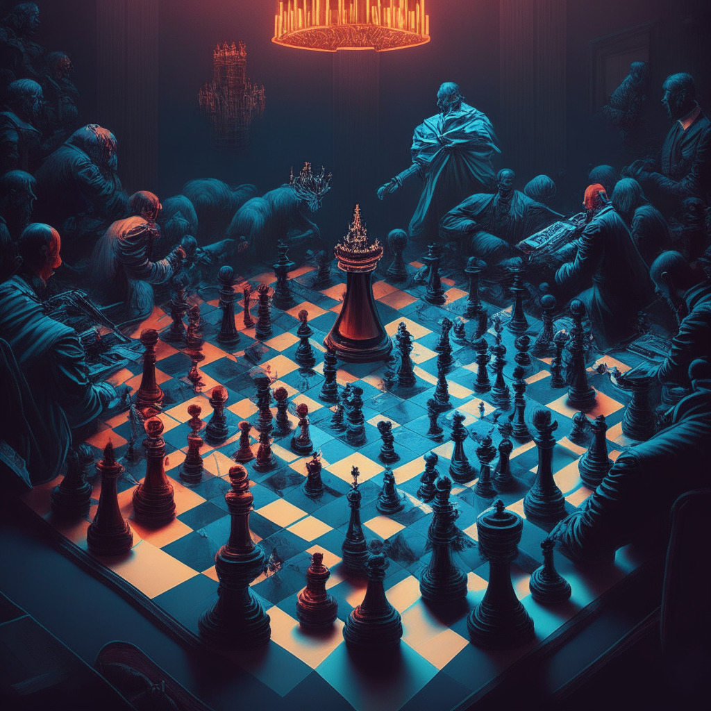 An intricate scene of a chess game representing the fierce bankruptcy negotiation. Pieces are modeled after crypto traders and market makers battling against FTX representatives under a spotlight, set amidst a courtroom. The colors are deep, contrasted, and cool to capture the tension and adversarial mood.