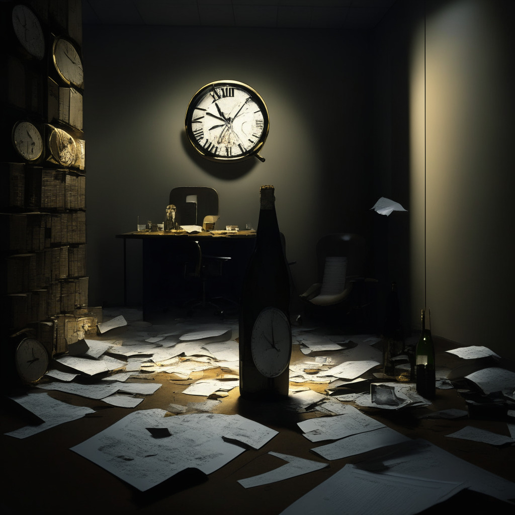 A dimly lit, modern office with piles of paperwork symbolizing massive debts, a stark analog wall clock marking the deadline, relief manifesting through light at the end of a tunnel symbolizing the recovery. A shaken unopened champagne bottle, representing uncertainty and trepidation, in foreground. Crypto coins subtly incorporated into the scene, styled with the melancholy of a Renaissance painting to represent the market adversity, yet resilience.