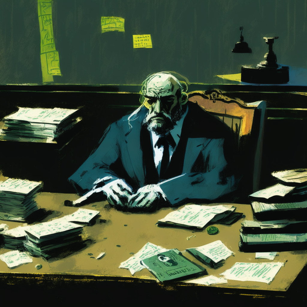 Depiction of a weary judge behind a table burdened with files and crypto coin artwork with labels obscured, courtroom background, in the Expressionist style. Lighting blooming from screens showcasing charts and legal texts. Mood is grave and tense, embodied in heavy brushstrokes and muted colors.