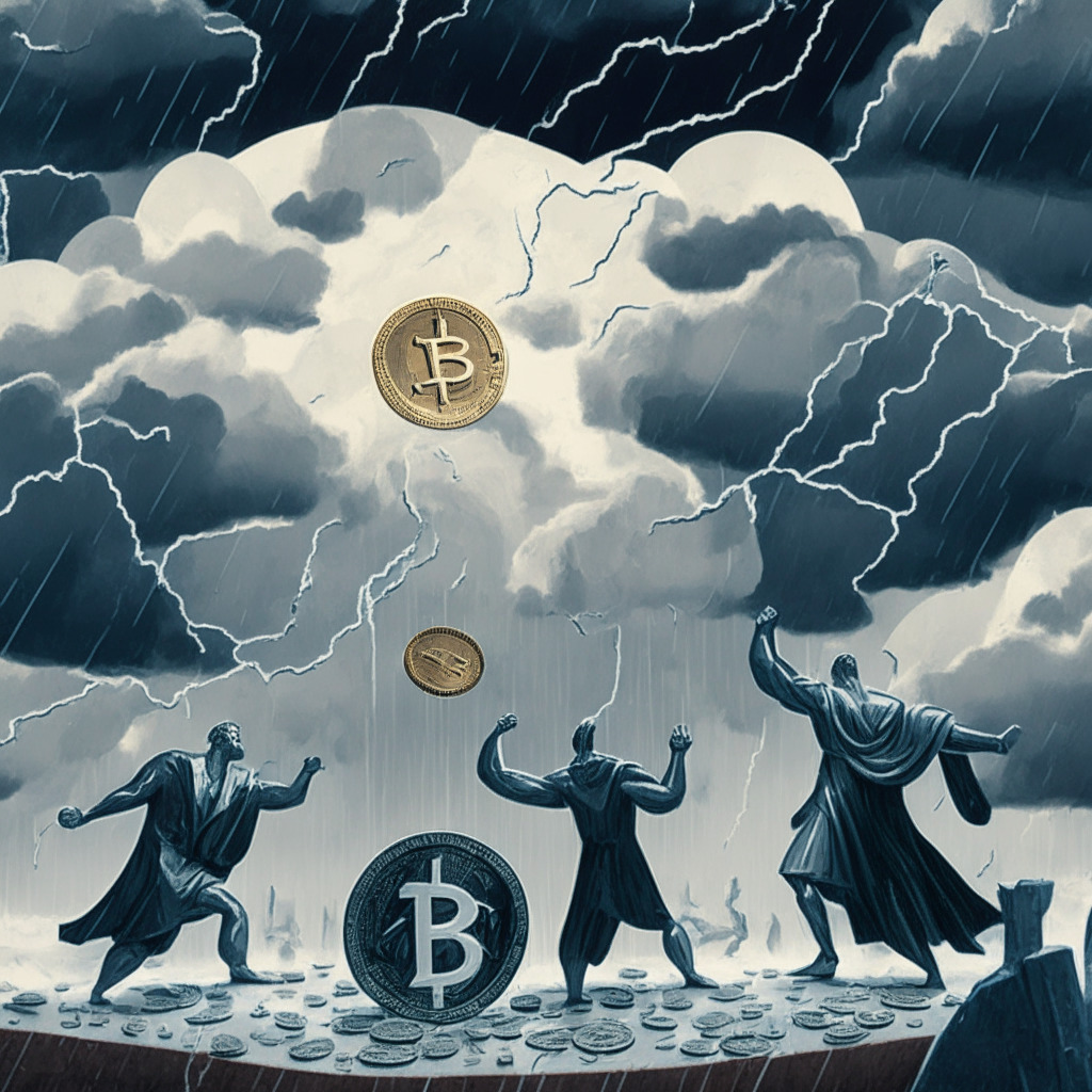 Dramatic illustration of a cryptocurrency exchange in turmoil under a stormy sky, presenting bankruptcy and financial dilemma. Abstract figurines representing 'US Trustee' & 'Debtors' audibly arguing across a large, unstable silver coin signifying FTX. Background to feature stylized judicial symbols hinting at the legal complexities. Mood: tense, uncertain, anticipatory.