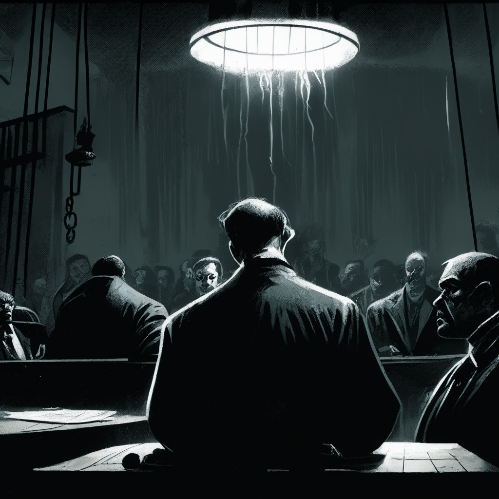 A gloomy courtroom scene in contrasting gritty noir art style, dimly lit with sharp shadows creating an intense atmosphere, dotted with distressed faces representing creditors. The intense mood is highlighted by a chain in the middle being pulled from both ends, a symbolic tug of war. In the background, an ominous storm portraying potential sanctions. In the far distance, hints of an uncertain, turbulent seascape signify the chaotic landscape of cryptocurrency markets.