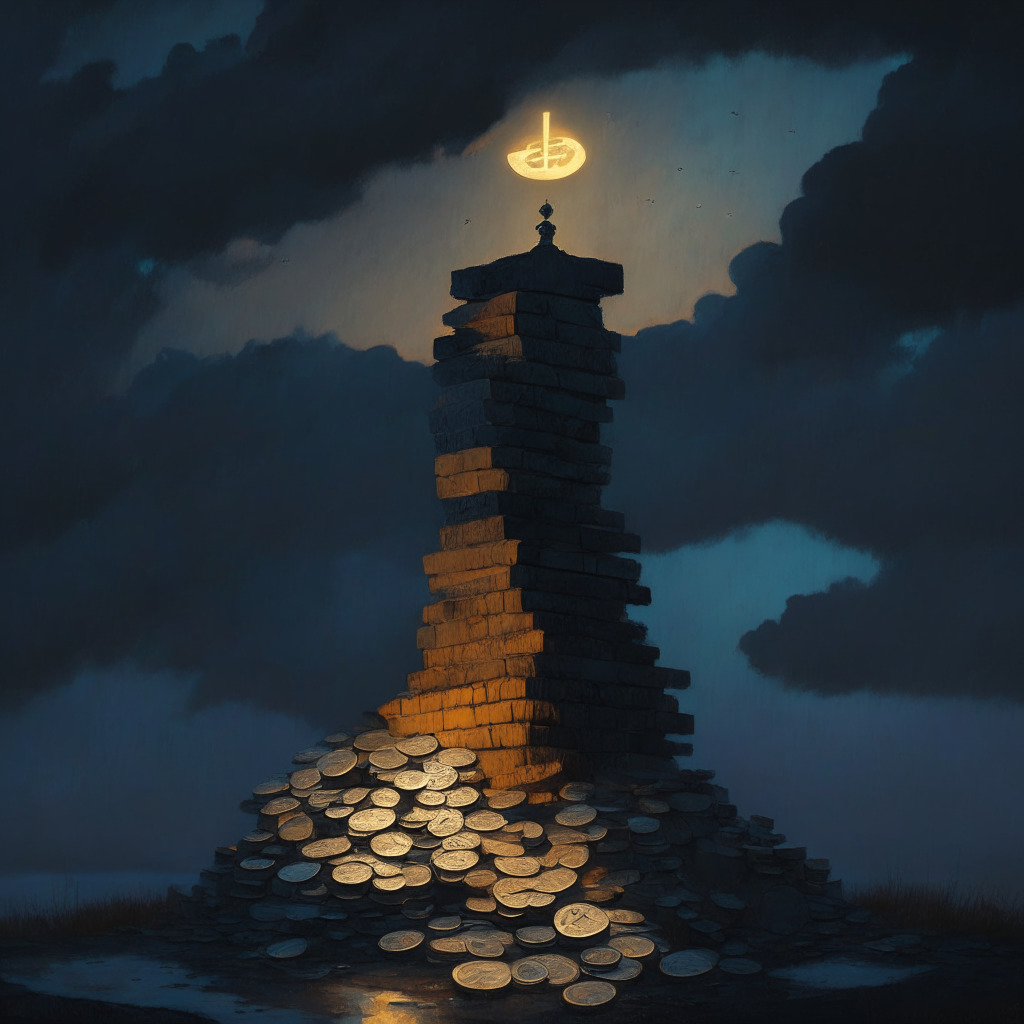 A dramatic scene at dusk with low lighting. A traditional bank painted in soft, impressionistic style perched on one end of a balance scale. On the other end, a glowing pile of diverse crypto coins illuminated against the darkening sky. The mood teeters on a thin line of anticipation and unease. The scale suggests a challenging balancing act, embodying the tension between crypto adoption and traditional finance.