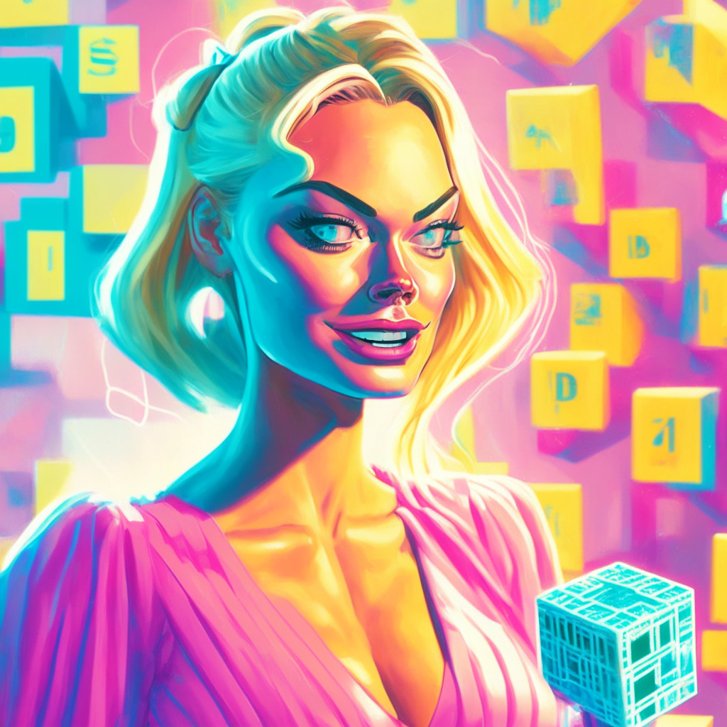 An animated portrayal of Margot Robbie in a Barbie-inspired setting, expressing skepticism towards a Bitcoin, bathed in soft pastel lighting reflecting a humorous yet insightful mood. To her side, an abstract depiction of 'Big Ken Energy' in vibrant tones adding a satirical element. In the background, a subtle representation of blockchain technology, transparent, interconnected cubes floating, giving a sense of futuristic innovation.