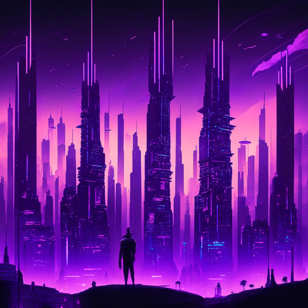 A futuristic cityscape at dusk, with towers representing Google BARD, ChatGPT, and Ernie standing tall among the skyline, awash with radiant cyberspace blues and purples. The towers are interconnected with ethereal neon bridges symbolizing deep learning. Sky is filled with digital constellations embodying natural language processing. The city exudes an atmosphere of competition and triumph, the scene captures the essence of progressive innovation in Web3 development.