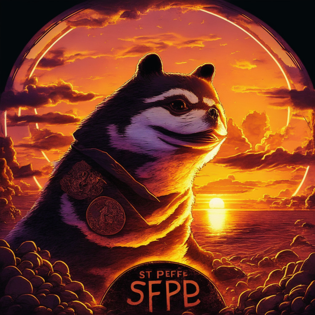 Represent a striking crypto battlefield under sunset glow, with fading happy PEPE coin on one end, and the vibrant Shibie coin on rising trajectory on the other. Embrace a dramatic chiaroscuro style, reflecting PEPE's downturn and Shibie's ascendance. Depict a tense, uncertain mood, palpable with risk and opportunity.