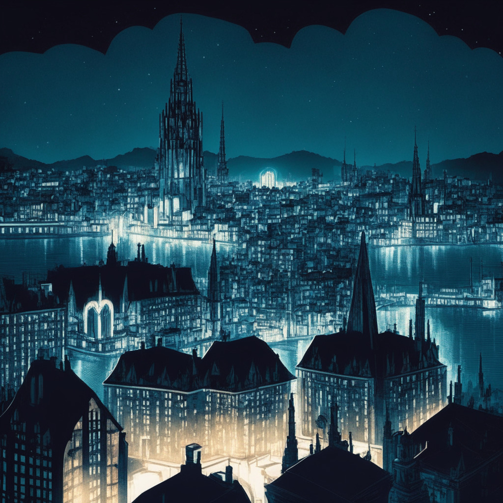 A night scene from the viewpoint of Zurich's iconic Grossmünster, looking down at the urban structure draped in cool toned lights. In the centre, an illustrative representation of L1D is glowing brightly, an optimistic beacon amidst the dimmer buildings. Abstracted Bitcoin-like structures support the cityscape hinting at the integral role of cryptocurrency. A bear looms at the city's border, casting a shadow that still allows the city to shine, hence embodying the intrigue and risk in bear market.