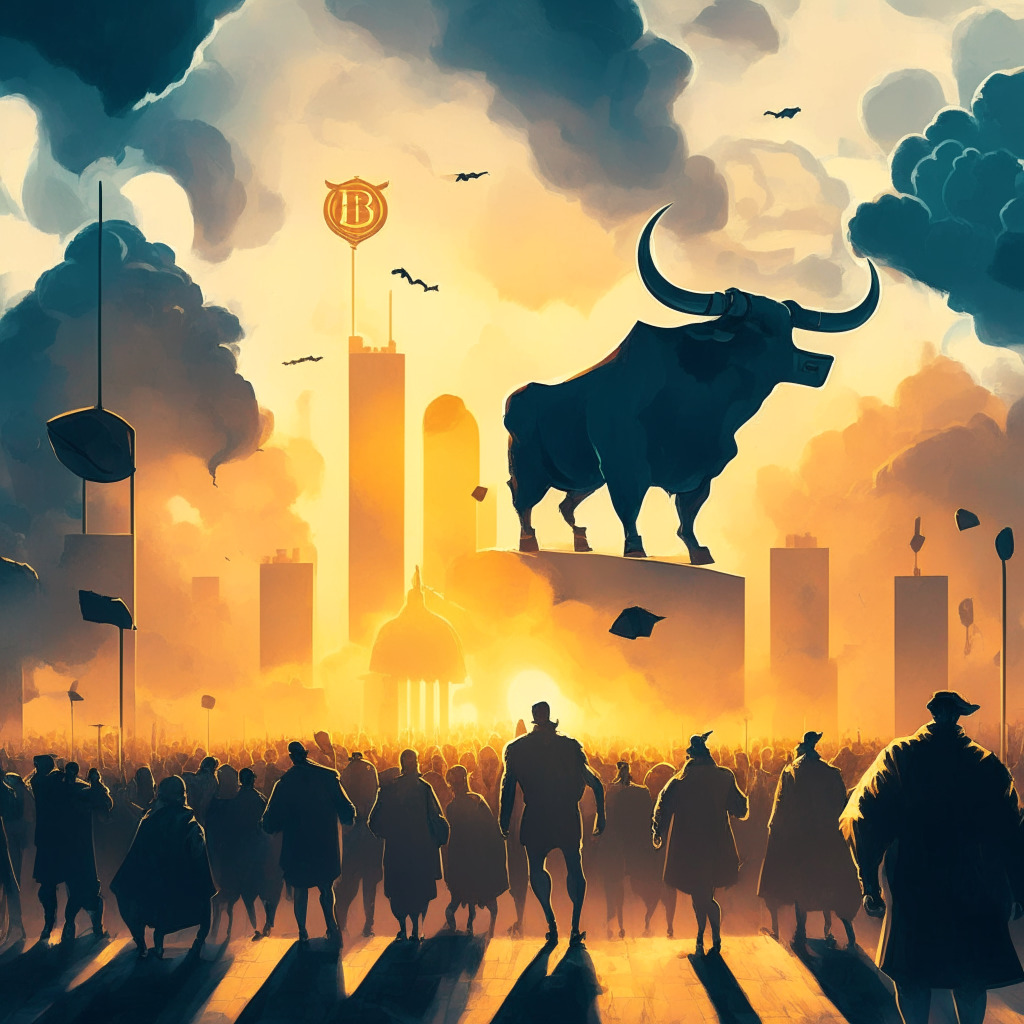 A bustling crypto market scene with contrasting moods for Ether and Bitcoin. Portray Ether with a gloomy aura, clouds, intense dark shades symbolizing bearish trends. Show Bitcoin as a radiant, triumphant bull amidst a sunrise, showcasing optimism and bullish confidence. Be guided by abstract realism, where metaphoric representations effectively convey market sentiments.