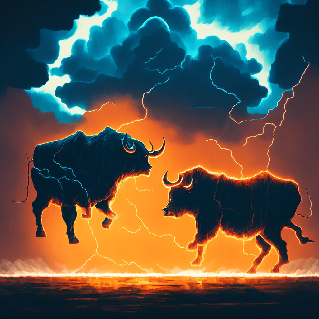 A glowing bull and bear standing on opposite ends of a large, illuminated Bitcoin, embroiled in a volatile stormy sky. The scene is lit with warm hues reflecting the recent rally, while cool shadows indicate doubts. Art has an abstract expressionist style, setting a mood of tension and anticipation.