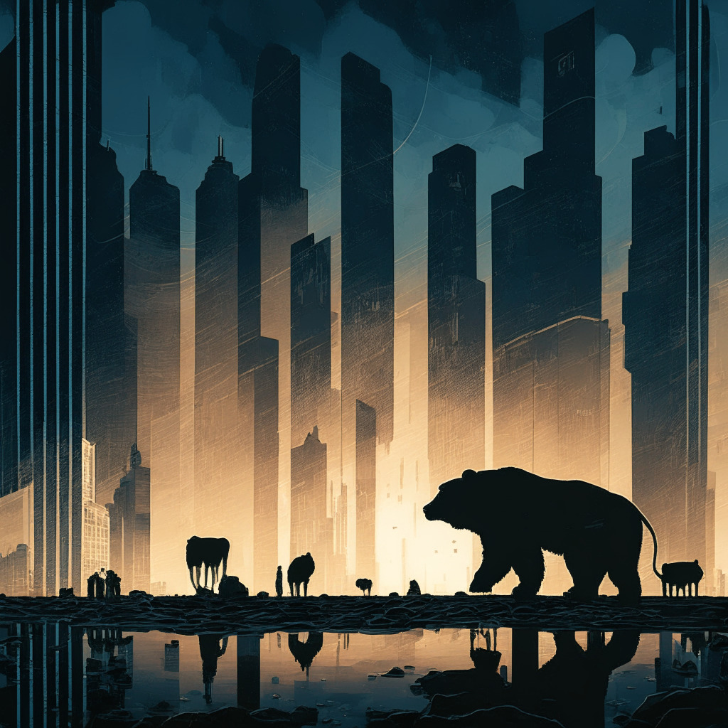 A melancholic crypto market scene at dusk, evocative of a 1920s Wall Street, under an ominous digital sky filled with falling Bitcoin and Ether coins, casting long shadows. In the backdrop, an abstraction of a bear overtaking a crypto skyline represents the bearish landscape. Include data charts subtly etched in the architecture. A sole bullish trader remains hopeful signifying cautious optimism, his hopeful gaze directed at a bright, rising SHIB coin.
