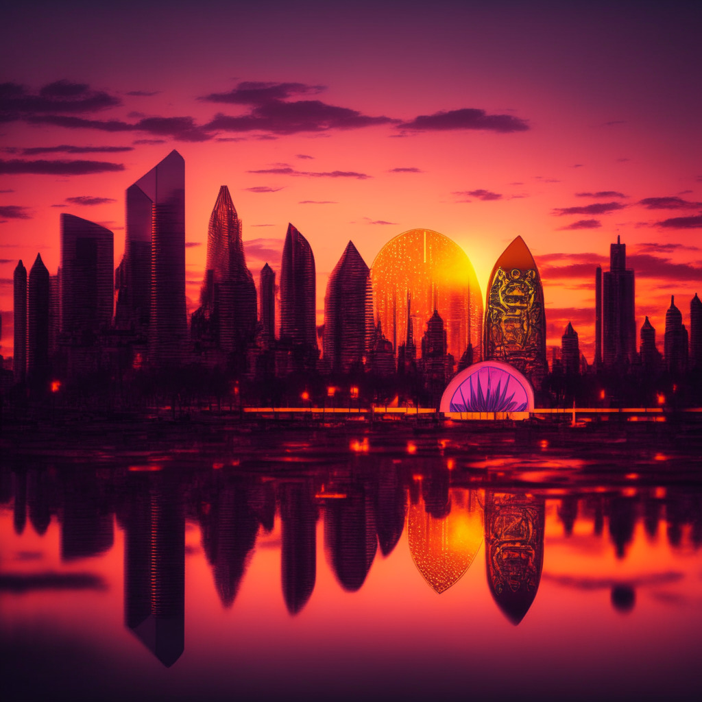 A vibrant render of a digital Belarusian ruble coin against a backdrop of a futuristic Belarus cityscape at dusk, with warm hints of a setting sun. Make the skyline a blend of modern and traditional Eastern European architecture, seamlessly blending the old with the new. The city itself should pulsate with a futuristic glow, embodying the anticipation and excitement of the digital economic race. The mood should evoke intrigue and progression, paired with a tone of caution to mirror the article's balance of enthusiasm and skepticism towards the new digital currency.