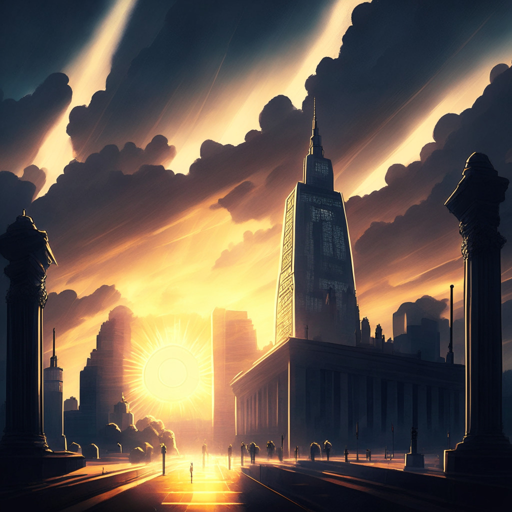 Sunrise over a futuristic cityscape mirroring the dawning of a new era, tall buildings representing Bitcoin ETFs rising in prominence. A large, historic courthouse symbolizes the SEC's authority, and a subtly sparkling road depicts Bernstein's victorious path. Above, dark looming clouds signify uncertainty, pierced by rays of radiant hope emerging from the horizon.