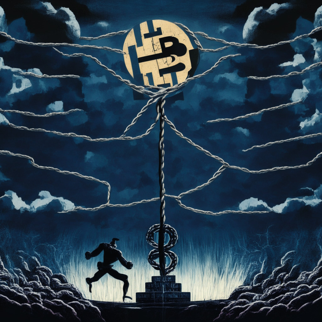 An abstract representation of the cryptocurrency regulation drama in the US. Enhance a dark, troubled sky as the backdrop, reflecting the uncertain regulatory environment. A split battlefield mid-scene: SEC symbolically painted as an aggressive, imposing figure on one side, the CDC as a defensive, yet persistent figure on the opposite side. A tug-of-war rope between them hinting at the ongoing jurisdiction controversy. The ground muted and chaotic, symbolizing turmoil and disruption within the digital industry. All painted in a contemporary, unsettling yet impactful style, under a vague, murky light, evoking a somber, tense mood.