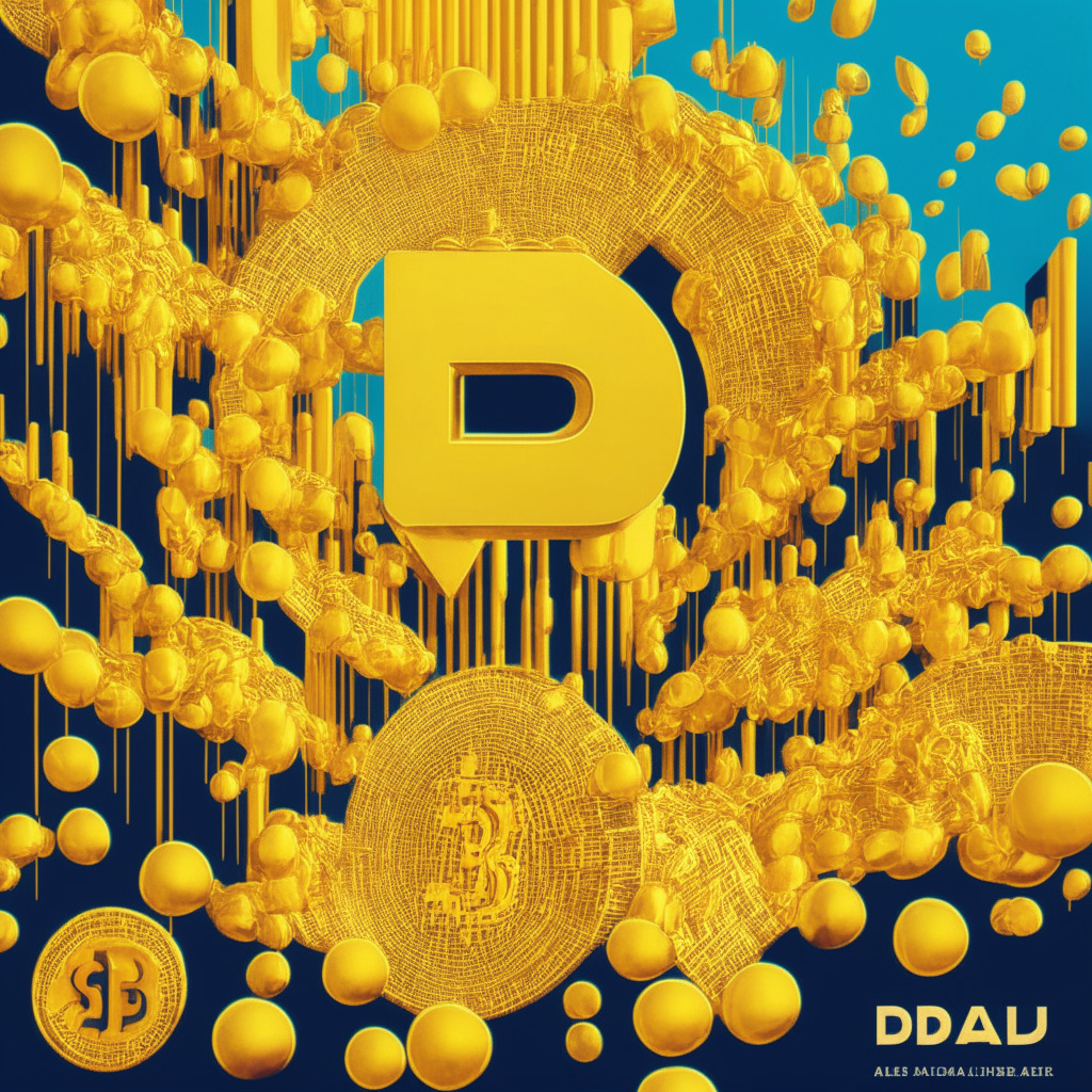 An artistic representation of the crypto market's dynamics, in a surreal, Dali-like style, with distinct hues indicating the $1 billion surge of DAI's market cap. Detail an 8% reward rate symbol highlighted in gold against a backdrop of excited investors. Showcase a symbol of the lending platform Spark dramatically increasing in size. Integrate images of profit bars diminishing to represent the issuer's dwindling profits. Convey the idea of large investors withdrawing with visual cues of tokens evaporating into thin air. A visual balance on a knife-edge to depict the sustainability of growth strategy, with the sun casting a long shadow for dramatic contrast and to represent future uncertainty. The overall mood should be suspenseful, full of volatility and intrigue.