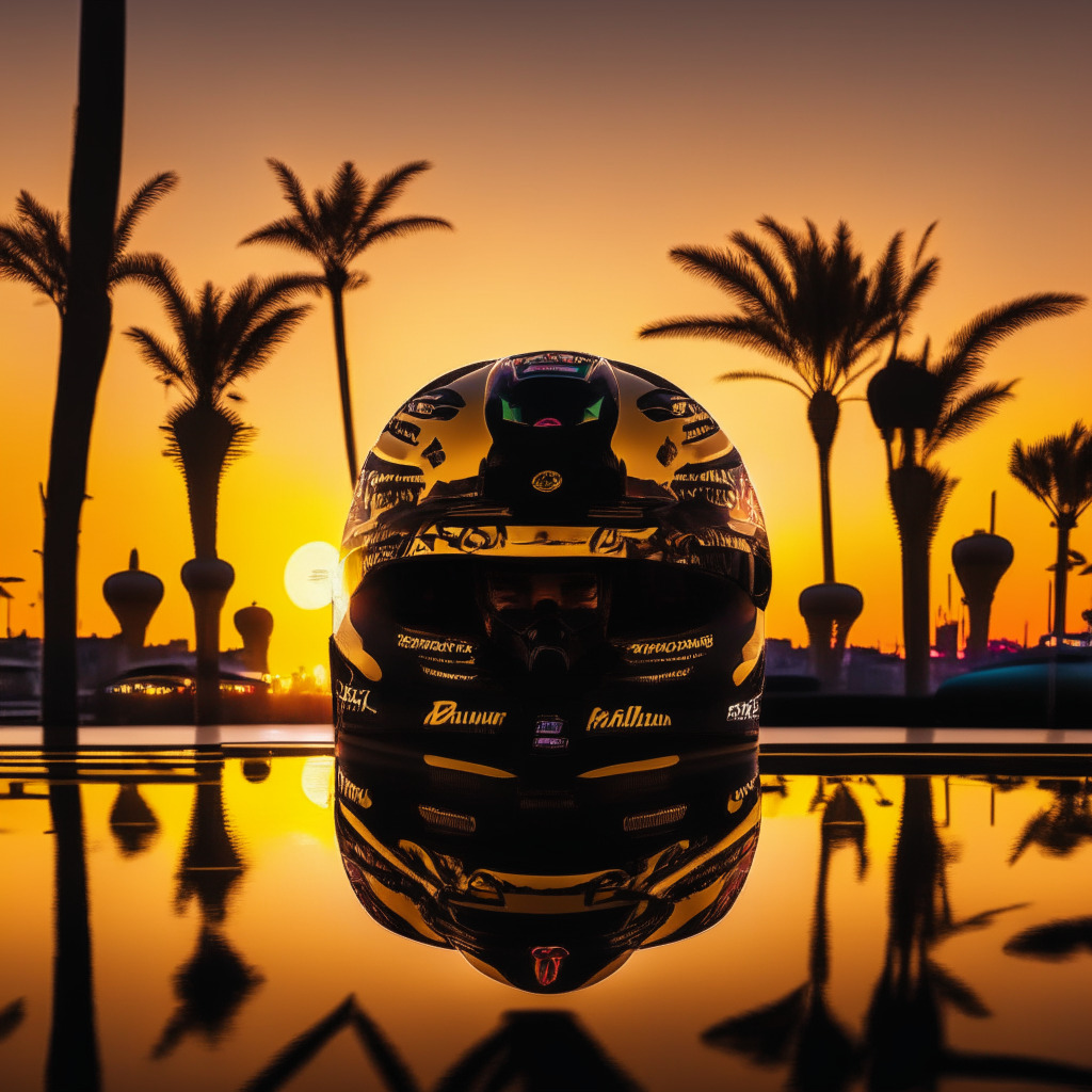 An electrifying Formula 1 Grand Prix scene under the golden Abu Dhabi sunset. Pierre Gasly's racing helmet, stylized with a unique digital art emblematic of Binance's ethos, glimmers under track lights. The atmosphere is infused with anticipation and high-speed tension, representing the exhilarating chase of crypto industry for mainstream relevance and the thrilling bumps of regulatory challenges. An air of innovation and resilience looms, showcasing cryptocurrency's ambitious leap into the limelight of popular culture.