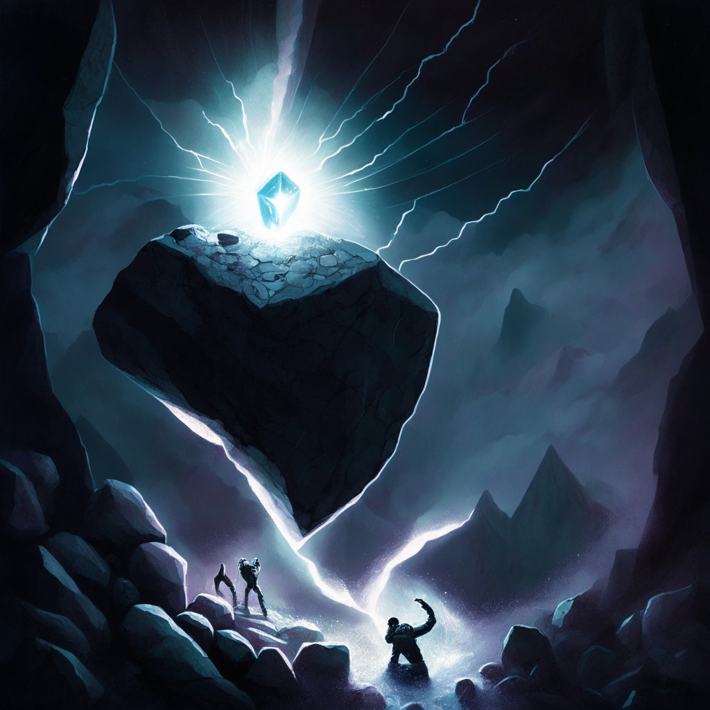 A dramatic scene depicting the rescue of a cryptic stone representing Curve's CRV from the edge of a precipice just when it's about to fall, The sky dark with uncertainty, yet brightened by a mysterious glowing force embodying the intervention of crypto market makers, The mood is tense, filled with suspense, yet there's a sparkling glimmer of hope.