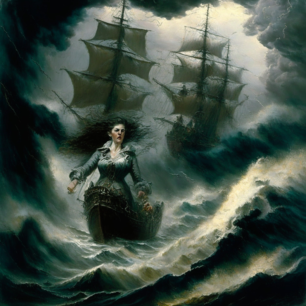 A scene depicting a stormy sea with a large ship battling the waves, navigated by a confident female figure representing Kristen Hecht. The image is rendered in a classic painterly style, emphasizing the rough turbulent sea, dark, ominous clouds overhead, and shafts of light breaking through, symbolizing intense scrutiny. The ship, although battered, stands strong in the face of adversity, hinting at resilience. The mood is tense yet hopeful.