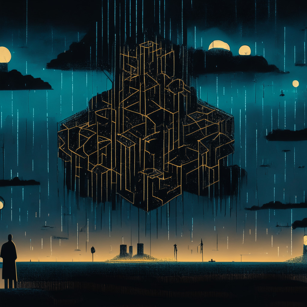 A vast landscape of blockchain structures under a somber twilight sky, representing a comprehensive crypto trading platform. A shadowy figure observes the scene hinting at challenges ahead. The largest structure in the scene stands tall but shows signs of ceasing operations, symbolizing Binance Connect's shutdown. Smaller structures depict varied crypto entities connected but with unseen threads tying them in regulatory complexities. Lighting is muted with occasional sparks of optimism symbolized by few lit windows - representing fleeting achievements. Brings out a mood of uncertainty yet resilience.