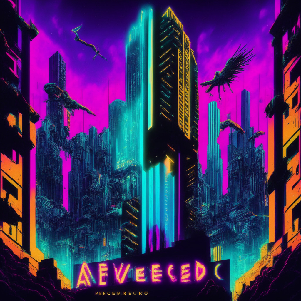 A surreal scene inspired by cryptocurrency trading, an imposing edifice styled like a debit card with the words 'Access Revoked' hanging in mid-air, symbolizing Binance's abrupt discontinuation in Latin America and Middle East. The larger cybercityscape untouched exudes resilience, with vibrant neon hues showcasing the ceaseless highs and lows of the crypto world, the twilights casting an air of mystery and uncertainty.