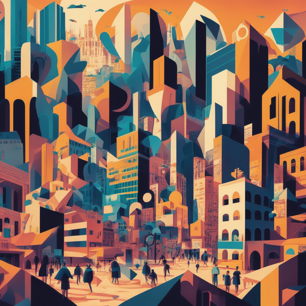 Evening view of a bustling Latin American cityscape showing illustrated buildings and markets, evoking an atmosphere of transformation and innovation, with an abstract representation of invisible digital cryptotransactions happening in real-time in Cubist style. An allusion to a bank in the foreground, overshadowed by giant uplifting crypto coins symbolize the transformative journey of crypto economy in the region.