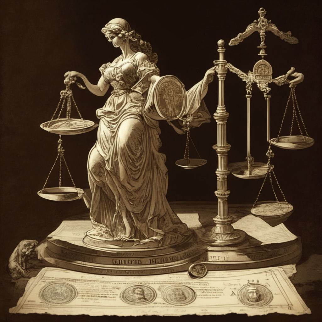A metaphoric scene showing Lady Justice holding a balance scale with various cryptocurrencies, a key on one dish, a magnifying glass on the other, symbolising scrutiny and fair judgement. To her right, a document signed with a quill, denoting legal discourse. Artistic style reminiscent of 1800s courtroom sketches; light setting - dim, almost ethereal with soft shadows; Mood - uncertain, apprehensive yet hopeful.