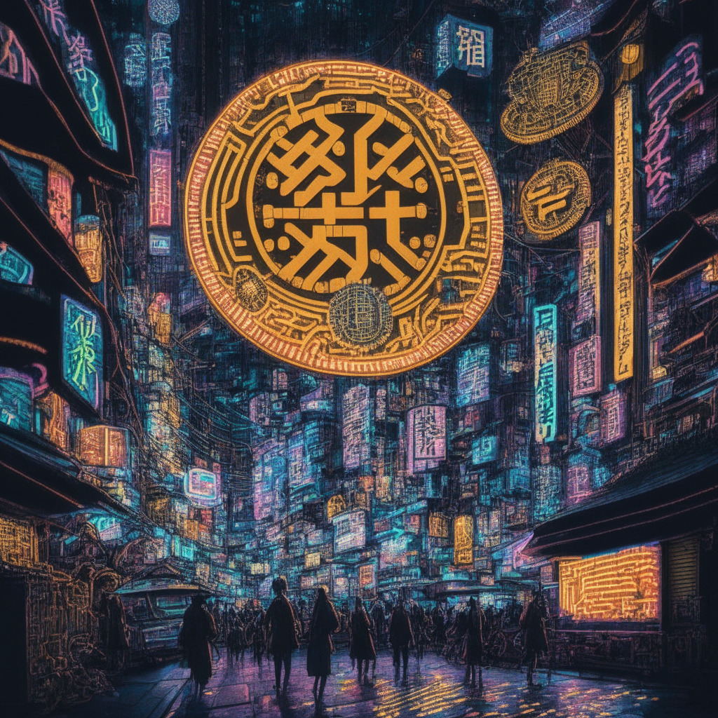 A scene in downtown Tokyo under the luminescent glow of neon lights, reflecting the vibrant hustle of the city. An enormous, intricate crypto coin, symbolizing Binance Japan's expansion, hovers above. In a surrealistic style, various tokens, including Bitcoin and Ethereum, orbit the main coin, interlinked by glowing grids. The environment portrays a positive, progressive ambiance, indicating a bright future for the crypto industry.