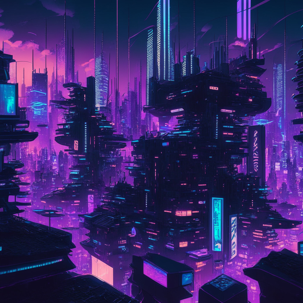 A futuristic Japanese city at twilight, with details of neon lights reflecting off sleek, sky-high glass buildings, influenced by cyberpunk aesthetics. In the foreground, an abstract representation of an crypto exchange, filled with diverse digital tokens floating in a chaotic but organized manner, conveying a sense of a bustling and thrilling digital marketplace. The tones are deep blues, purples and electric pinks, adding a sense of obscurity and mystique. An overall mood of optimism and excitement permeates the scene showing the resurgence and potential complexities of digital markets.