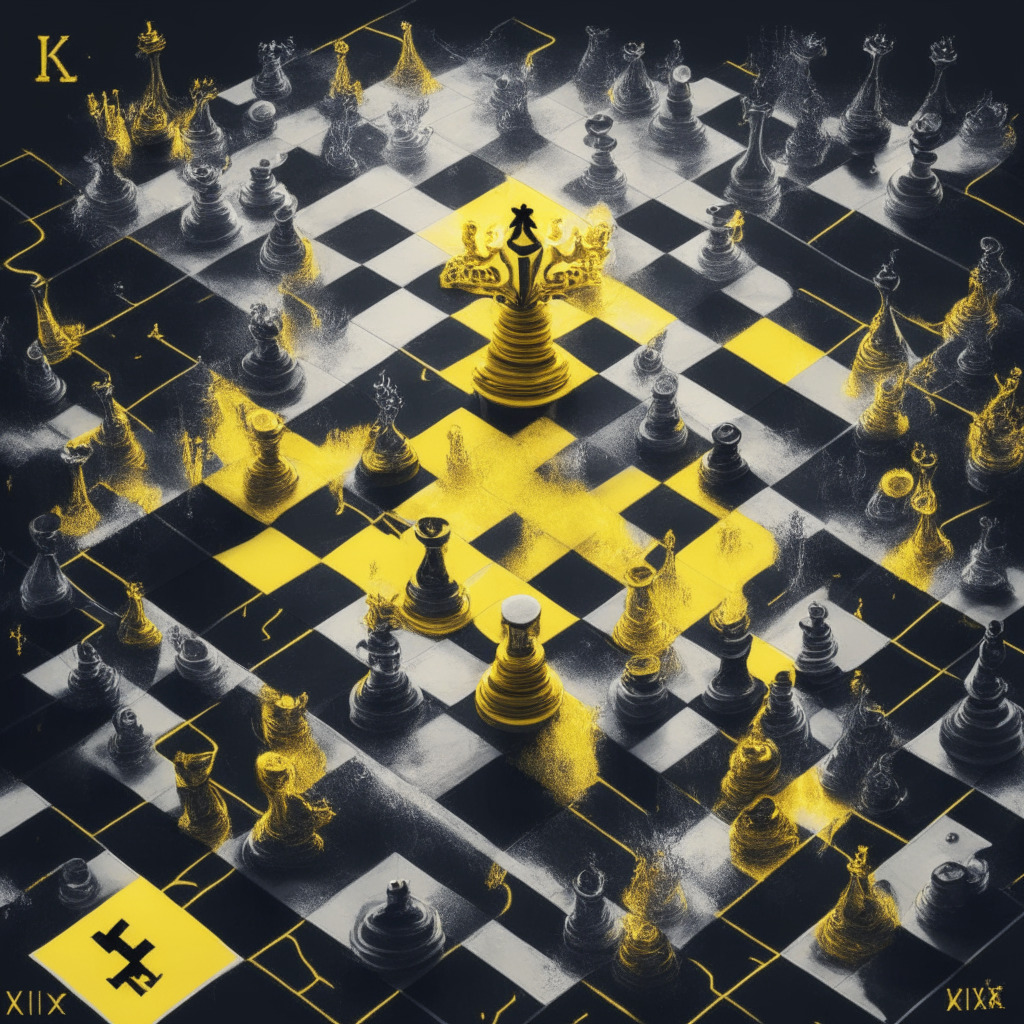 A grand and shadowy chessboard, bathed in a cool, regulatory spotlight. On one side, crypto coins with the logos of AltLayer, KiloEx, Kinza, and Sleepless AI. On the other, the firm yet resilient emblem of Binance Labs. The pieces are moving, a high-risk dance in this realm of cryptocurrency investments, amidst swirling clouds of allegations and scrutiny, hinting at a tense yet exciting mood.