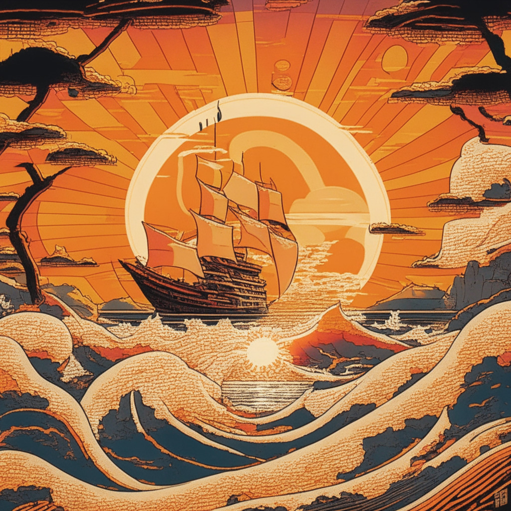 A digital landscape swirling with blockchain technology, depicted in a Japanese ukiyo-e art style. The sun is rising, casting a vivid orange light reflecting the optimism and anticipation in Japan's crypto market. Binance, represented as a futuristic ship, sails into this market blending a nod towards tradition and embrace of modernity. Also captured is a hint of skepticism, symbolized by distant dark clouds.