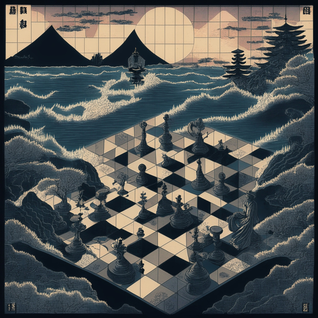 A depiction of a grand chessboard, the pieces represented by symbolic crypto tokens, over a shaded map of Japan. Rendered in a ukiyo-e stylized art, the scene is bathed in moody twilight hues, creating a sense of suspense and intrigue. A looming shadow suggests uncertain risks and the promise of a daring game in the crypto realm.