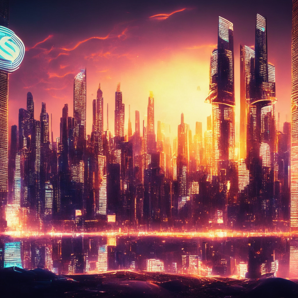 A futuristic cyberpunk cityscape at sunset, its shimmering skyscrapers filled with fluorescent holographic billboards displaying animated crypto coins. Amidst this thriving metropolis, an impactful image of a symbolic futuristic digital market full of speculative buzz and anticipation. Piercing rays of auburn sunset rays illuminate the scene, casting long shadows and reflecting on the shimmering tokens, each bearing the SEI logo. The mood is brimming with excitement, risk, and potential growth, yet sprinkled with a touch of caution.