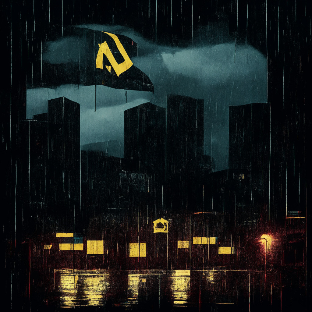 Dramatic, film-noir style illustration of a large, looming currency exchange symbol overlaid with a faded Venezuelan flag in a rain-soaked cityscape, under a stormy night. Alongside, miniaturized private Venezuelan banks thriving, revealing stark contrast. The mood is tense, emphasizing the economic disparity and regulatory challenges facing the blockchain world.