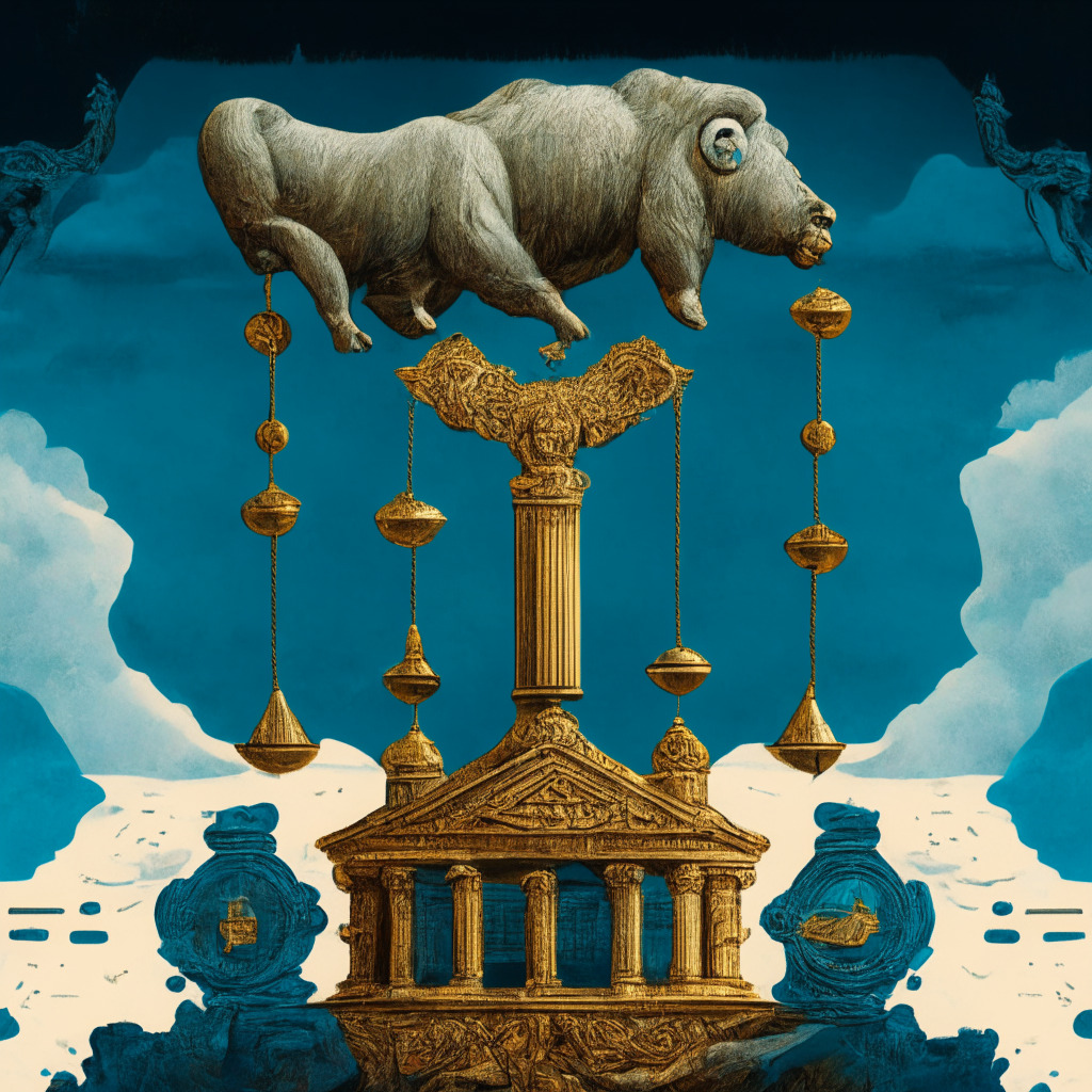 An abstract, symbolic representation of a bearish cryptocurrency market, focused on Russia. An ornate balancing scale in the foreground, tipped unevenly to favor the heavier, Russian ruble coin against other international currencies. Blockchain patterns subtly trace the sky, the overall color palette emoting gloom and uncertainty. Somber, Baroque-style details reflect current market restrictions.